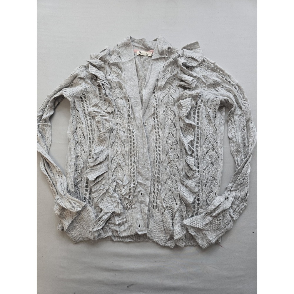 OVLA Gray Pointelle Knit Ruffle Front Button Cardigan Sweater Womens Size Medium